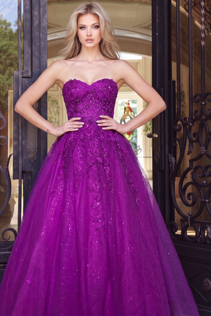 strapless ball gown with an embellished lace corset bodice.