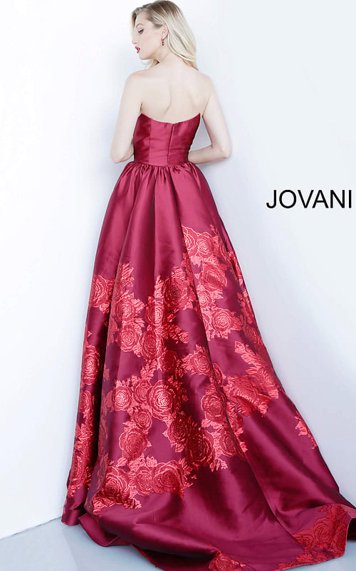 Back view of Jovani 02038 ball gown showing intricate floral embroidery.