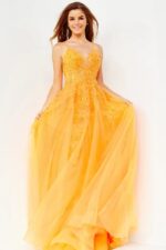 Model wearing Jovani 02266 orange gown with detailed bodice.