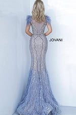 Back view of Jovani 02326 vintage blue dress highlighting zipper closure and beadwork.