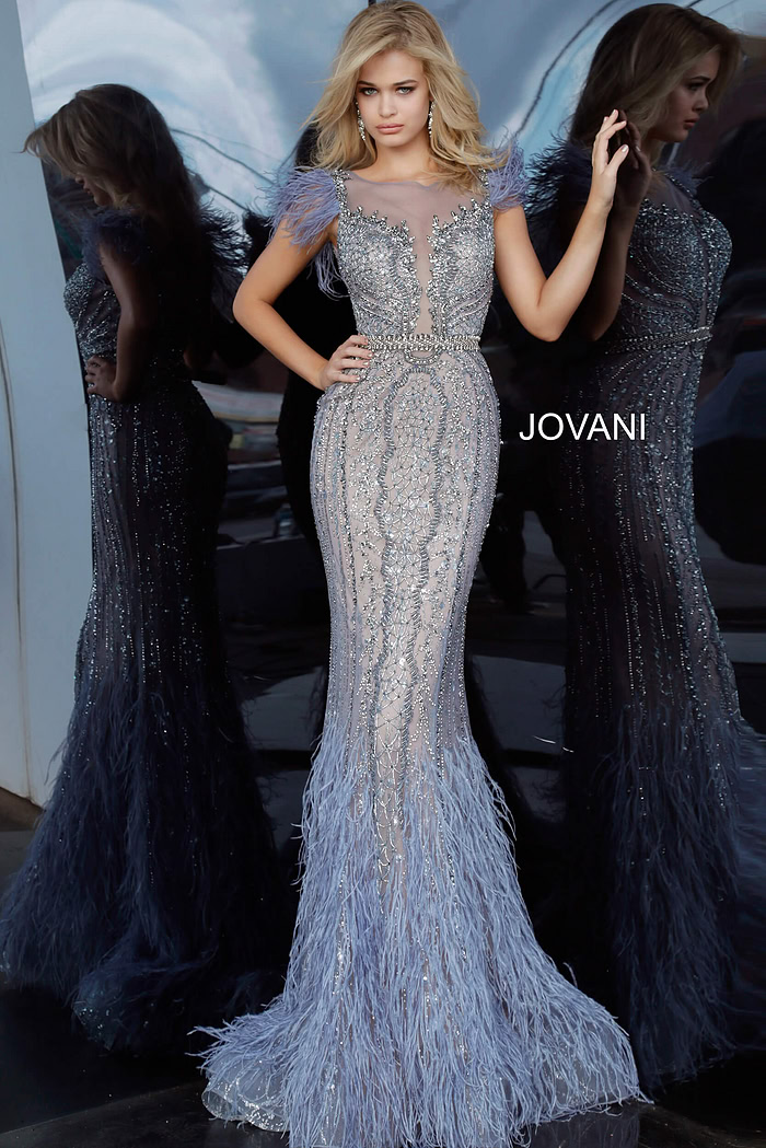 jovani blue feather dress Jovani 03023 Size 2 Light Blue Sheer Feather Prom Dress Plunging Neck Wedding Gown Pageant Gown