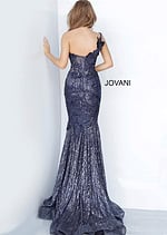 Back view of Jovani 02445 navy gown showing elegant silhouette.