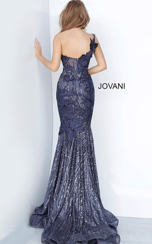 Back view of Jovani 02445 navy gown showing elegant silhouette.