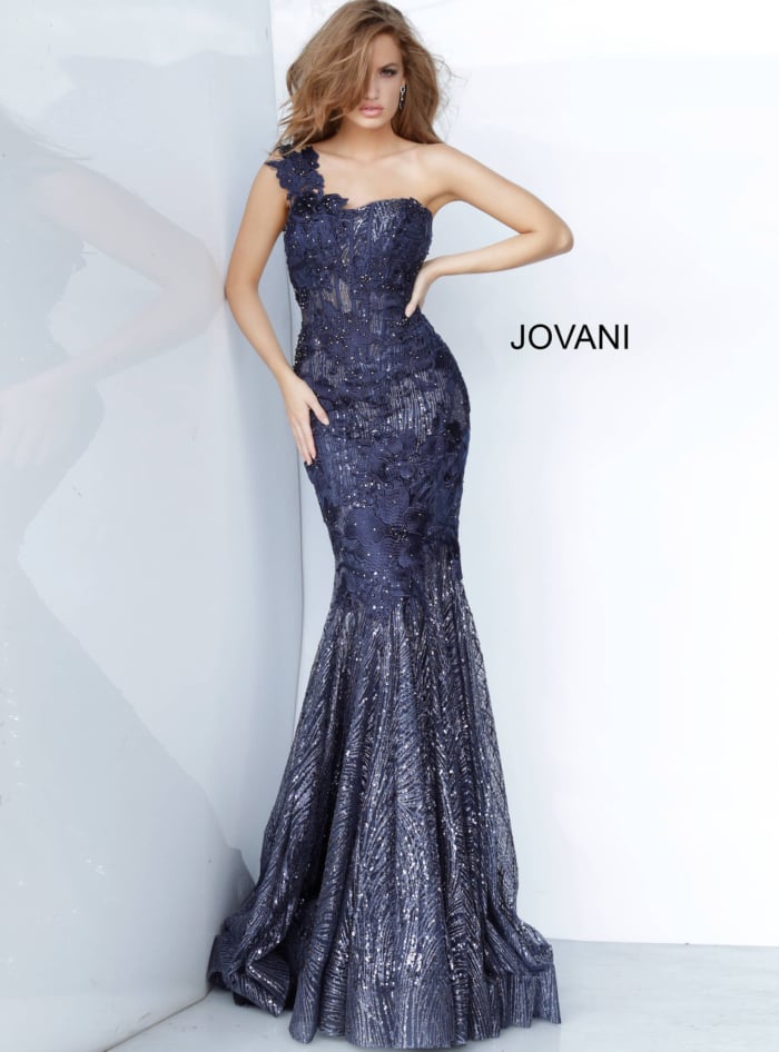 Close-up view of Jovani 02445 navy gown's floral appliques.