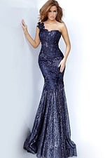 one shoulder navy dress 02445