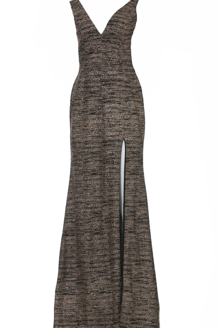 Jovani 02472 Black and Gold gown with high slit and V-neckline.
