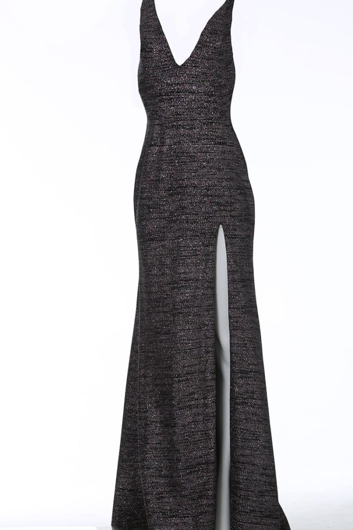 Jovani 02472 Black dress with shimmering fabric and deep V-neck.