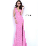Full-length Jovani 02472 Pink gown with deep V-neck and side slit.