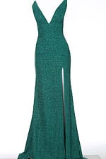 Jovani 02472 Jade green gown with V-neckline and high slit.