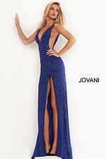 Full-length view of Jovani 02472 Royal gown with high slit and deep V-neck.