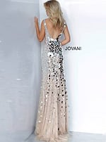 Model showing back view of Jovani 02479 nude gown with low V-back.