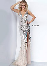 Jovani 02479 nude gown with deep neckline and high slit, worn by model.