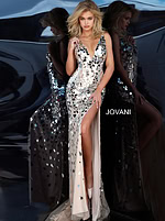 Full-length view of model wearing Jovani 02479 nude gown with high slit.