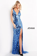 Model wearing Jovani 02479 blue gown with sequined design and high slit, front view.