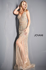 Model posing in Jovani 02504, gold gown with deep V-neck and sparkling embellishments.