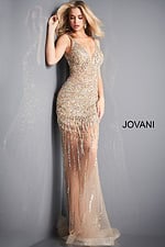 Model wearing Jovani 02504, glamorous floor-length gold gown with sleeveless design.