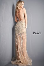 Model displaying back view of Jovani 02504, elegant gold gown with open back design.