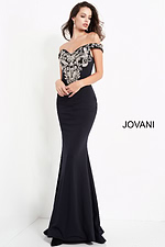 Front view of Jovani 02576 navy gown, highlighting intricate embroidered details.