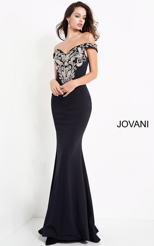 Front view of Jovani 02576 navy gown, highlighting intricate embroidered details.