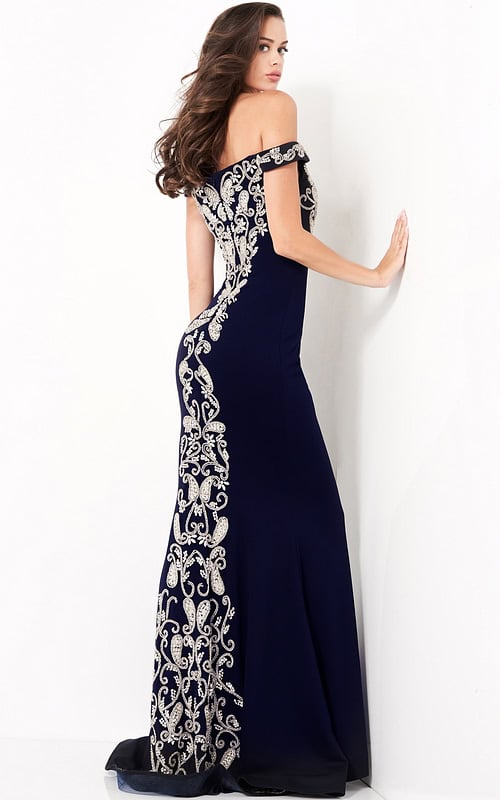 Model wearing Jovani 02576 navy gown, front view showing elegant fit and embroidered details.
