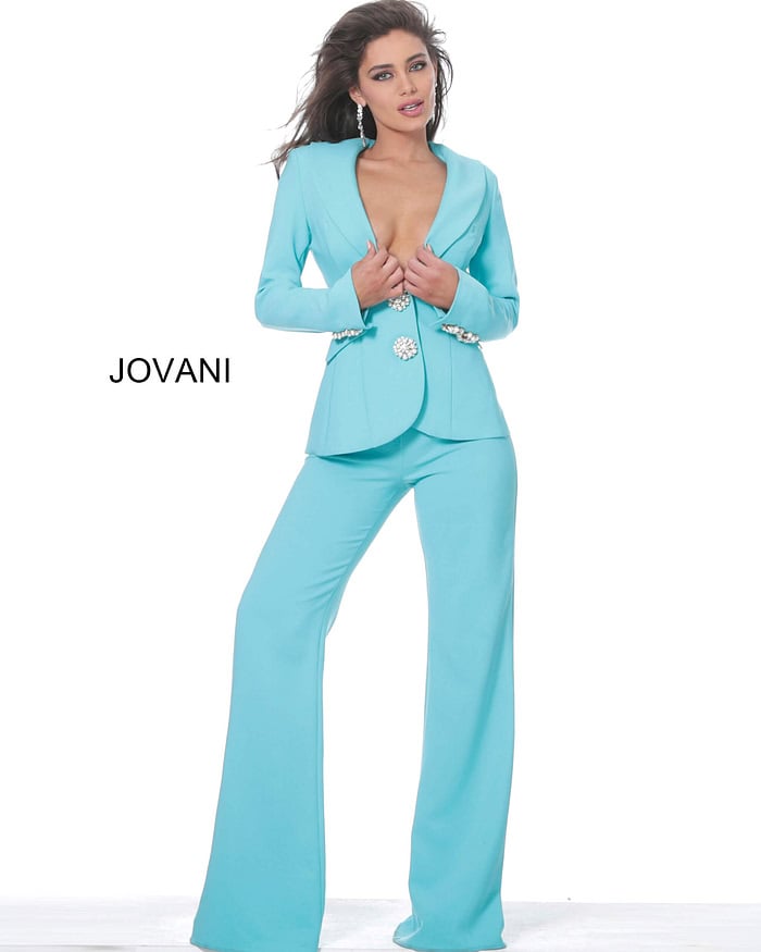 Jovani 02637 Turquoise Two Piece Evening Pant Suit | Jovani