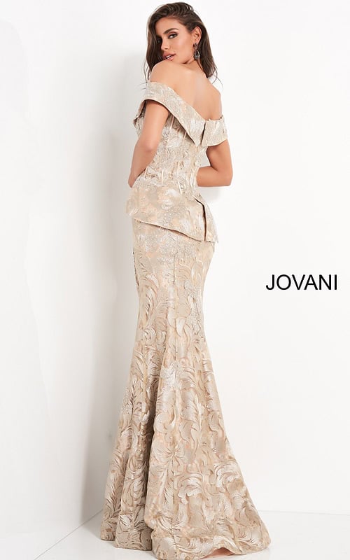 Model wearing Jovani 02762 gold off-the-shoulder mermaid dress back view.