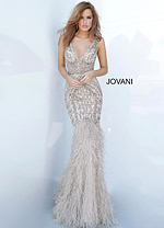 full view of model wearing Jovani 02798 silver mermaid dress