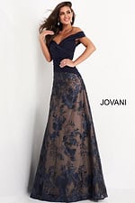 Model wearing Jovani 02852 navy gown with off-the-shoulder neckline and floral embroidery front view.