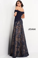 Back view of Jovani 02852 navy gown with off-the-shoulder neckline and embroidered skirt.
