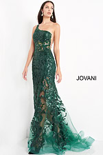 Model wearing Jovani 02895 in forest green, front view with one-shoulder design.