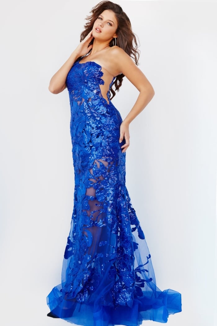 Model wearing Jovani 02895 blue one-shoulder gown front view