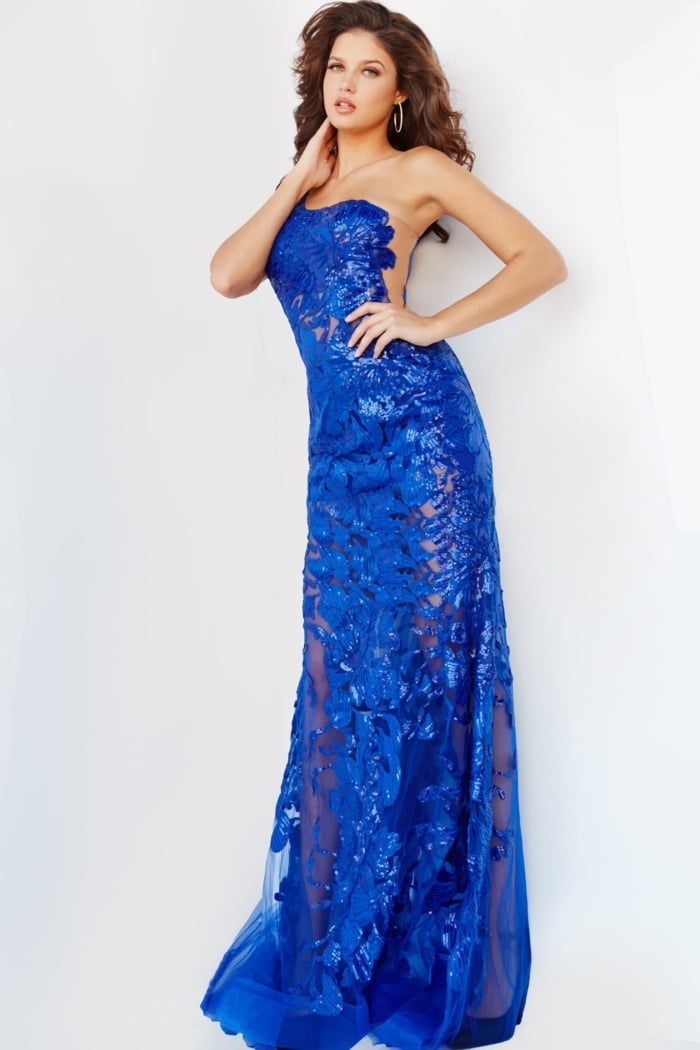 Model wearing Jovani 02895 Royal Blue One Shoulder Embellished Gown