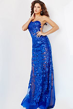 Model wearing Jovani 02895 in royal blue, front view showing detailed beadwork.