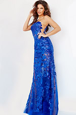Model wearing Jovani 02895 blue one-shoulder gown front view