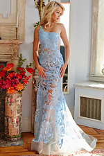 Model wearing Jovani 02895 blue one-shoulder gown front view