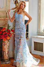 Model wearing Jovani 02895 blue one-shoulder gown front view