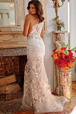 Model wearing Jovani 02895 white one-shoulder gown back view