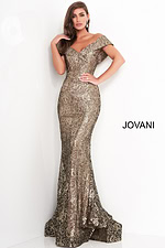 Model wearing Jovani 02920 front view of off-the-shoulder mermaid gown.