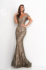 Model wearing Jovani 02920 showing detailed front of the gown.