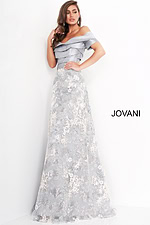 Model wearing Jovani 02921 gray multi-tonal dress, full view highlighting floral embroidery.