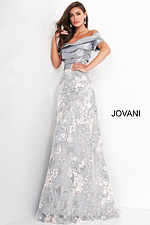 Model wearing Jovani 02921 gray multi-tonal dress, front view showcasing off-the-shoulder neckline.