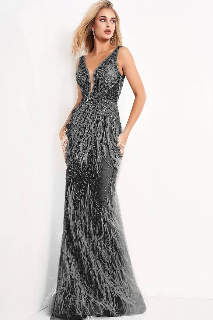 Model wearing Jovani 03023 Off White Feather Informal Wedding Dress