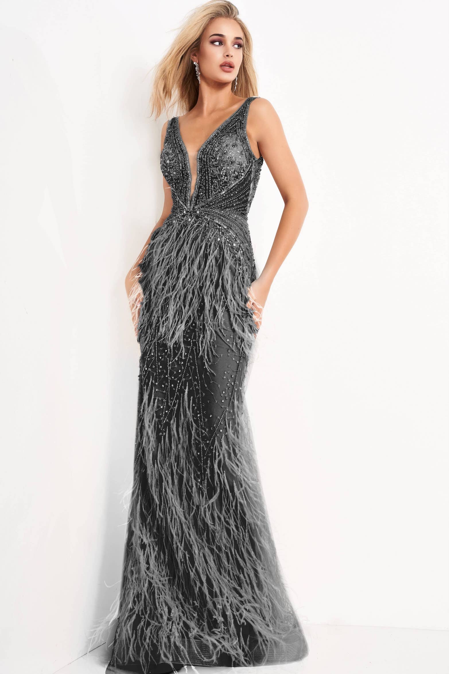 Model wearing Jovani 03023 Off White Feather Informal Wedding Dress