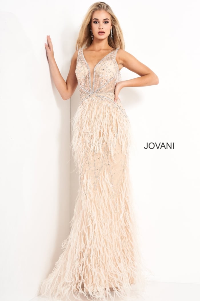 Model wearing Jovani 03023 Off White Feather Informal Wedding Dress