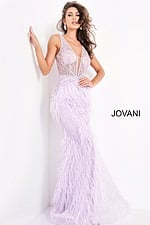 Model in Jovani 03023 lilac gown showcasing a V-neckline and feathered embellishments, front view.