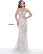 Front view of Jovani 03023 white gown with bead and feather embellishments.
