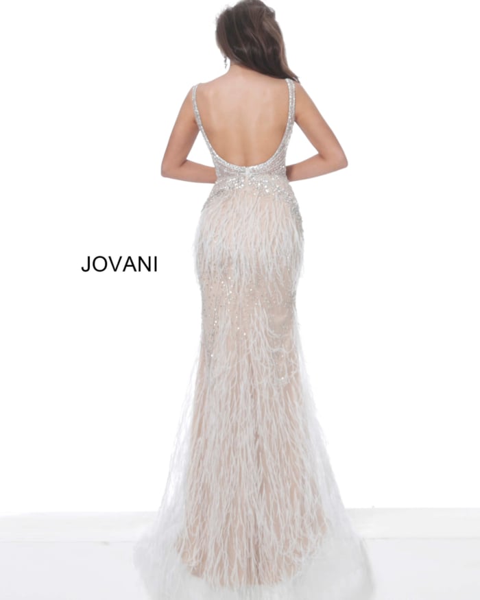 Model wearing Jovani 03023 Off White Feather Informal Wedding Dress