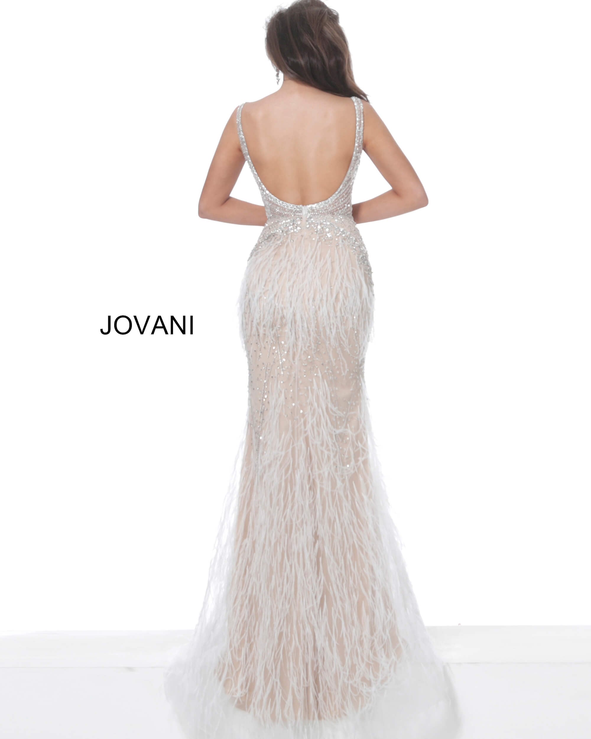 Model wearing Jovani 03023 Off White Feather Informal Wedding Dress