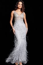 Model in Jovani 03023 gray gown with floor-length hem and sparkling details, full front view.