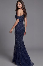 back of navy off the shoulder dress 03124
